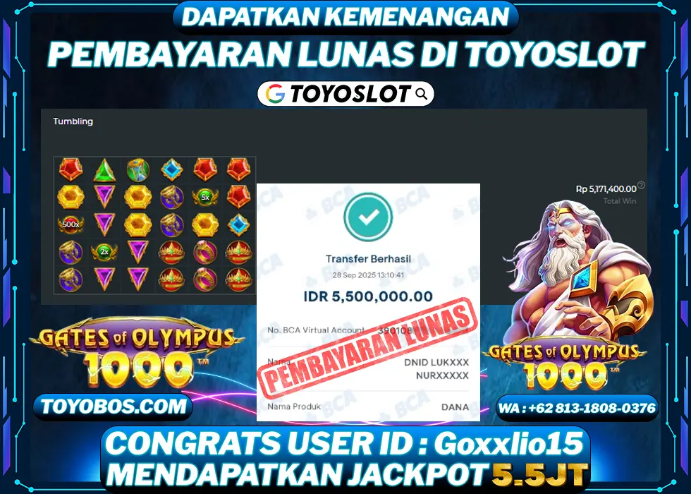 TOYOSLOT - BUKTI KEMENANGAN Gates Of Olympus 1000x Rp5,500,000,- LUNAS